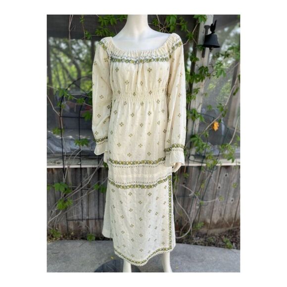 SOLD 70s boho Wool Maxi Dress Floral Print Chevron Jaquard Smocked Off Shoulder - Picture 13 of 13